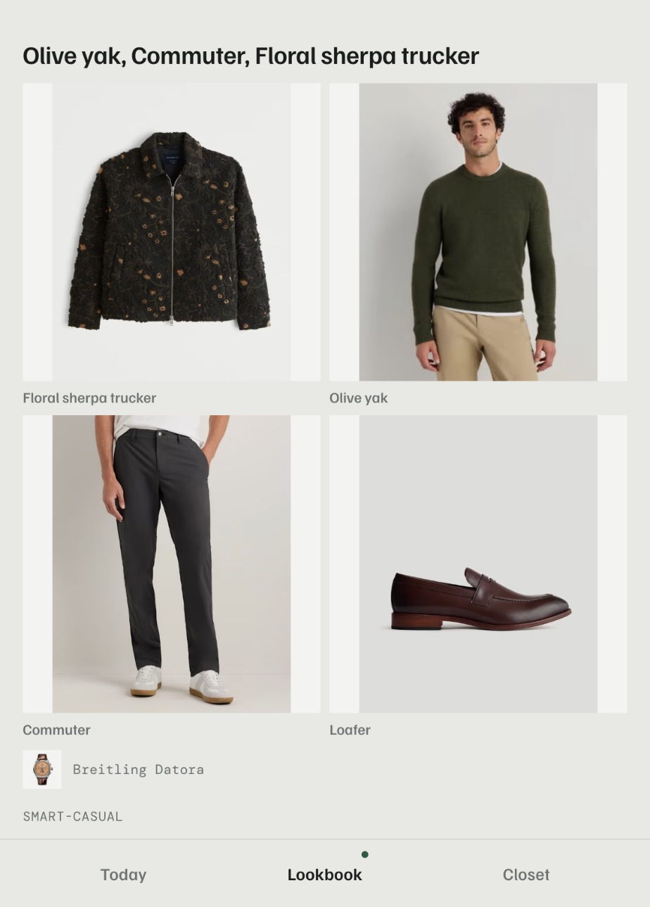 Today's pick in Rack: a floral sherpa trucker, olive crewneck, charcoal pants and burgundy loafers on one board.